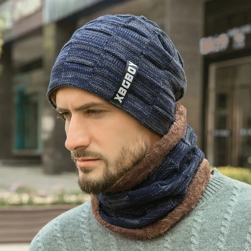 Mens Beanie Hat 2pcs Ski Cap And Scarf Winter Warm Woolly Hats Knit Ribbed Hiking Outdoor Plus Velvet Thicken Hedging Caps