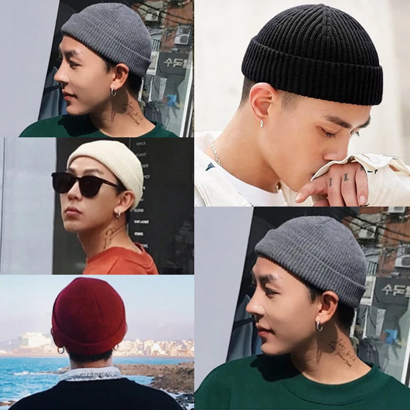 Winter Women Men Solid Color Warm Knitted Brimless Hat Male Beanies Autumn Hip Hop Skullcap Street Men Beanie Unisex Melon Cap