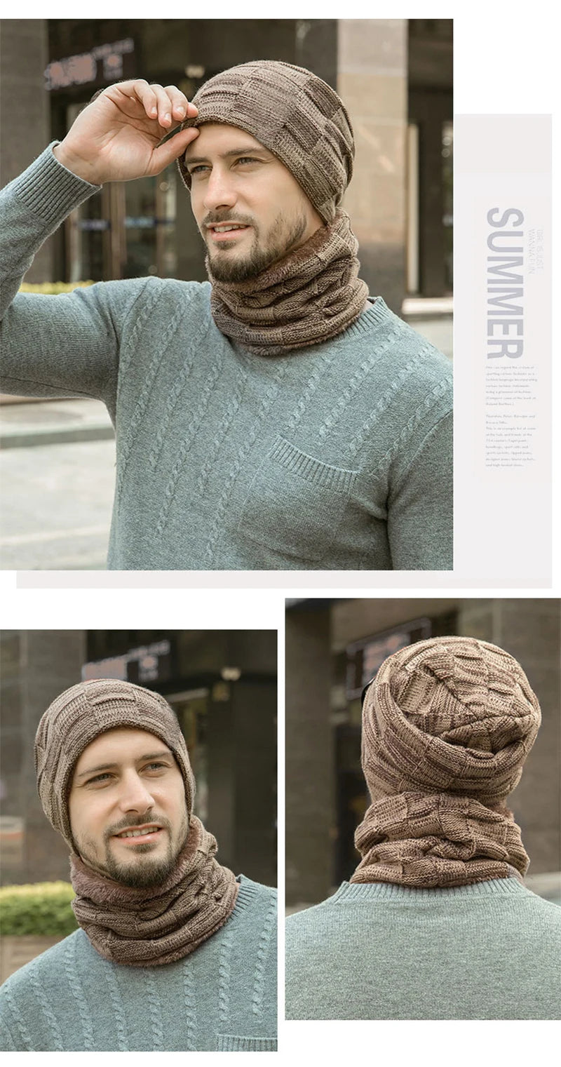 Mens Beanie Hat 2pcs Ski Cap And Scarf Winter Warm Woolly Hats Knit Ribbed Hiking Outdoor Plus Velvet Thicken Hedging Caps