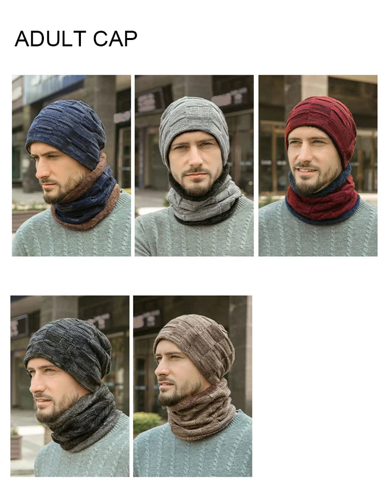 Mens Beanie Hat 2pcs Ski Cap And Scarf Winter Warm Woolly Hats Knit Ribbed Hiking Outdoor Plus Velvet Thicken Hedging Caps