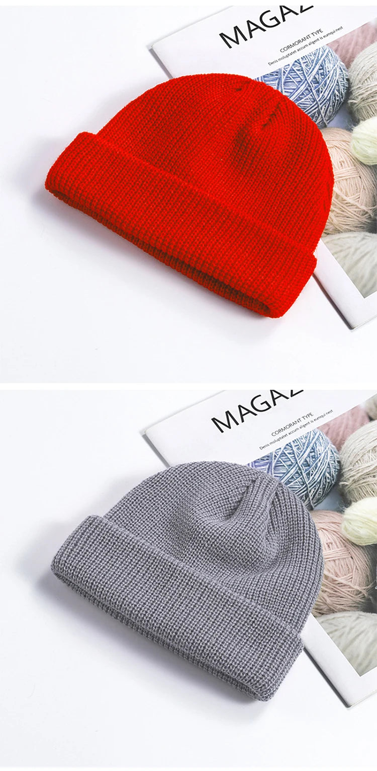 Winter Women Men Solid Color Warm Knitted Brimless Hat Male Beanies Autumn Hip Hop Skullcap Street Men Beanie Unisex Melon Cap