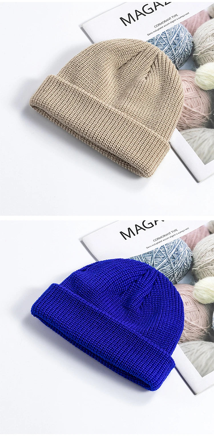 Winter Women Men Solid Color Warm Knitted Brimless Hat Male Beanies Autumn Hip Hop Skullcap Street Men Beanie Unisex Melon Cap