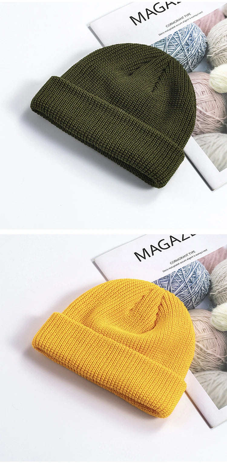 Winter Women Men Solid Color Warm Knitted Brimless Hat Male Beanies Autumn Hip Hop Skullcap Street Men Beanie Unisex Melon Cap