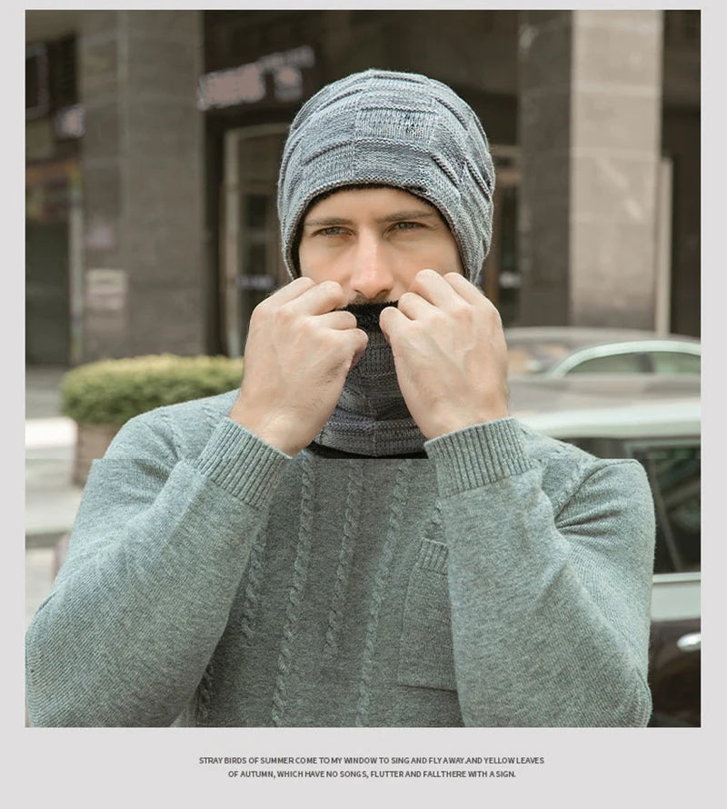 Mens Beanie Hat 2pcs Ski Cap And Scarf Winter Warm Woolly Hats Knit Ribbed Hiking Outdoor Plus Velvet Thicken Hedging Caps