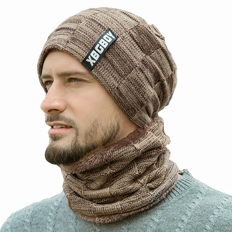 Mens Beanie Hat 2pcs Ski Cap And Scarf Winter Warm Woolly Hats Knit Ribbed Hiking Outdoor Plus Velvet Thicken Hedging Caps