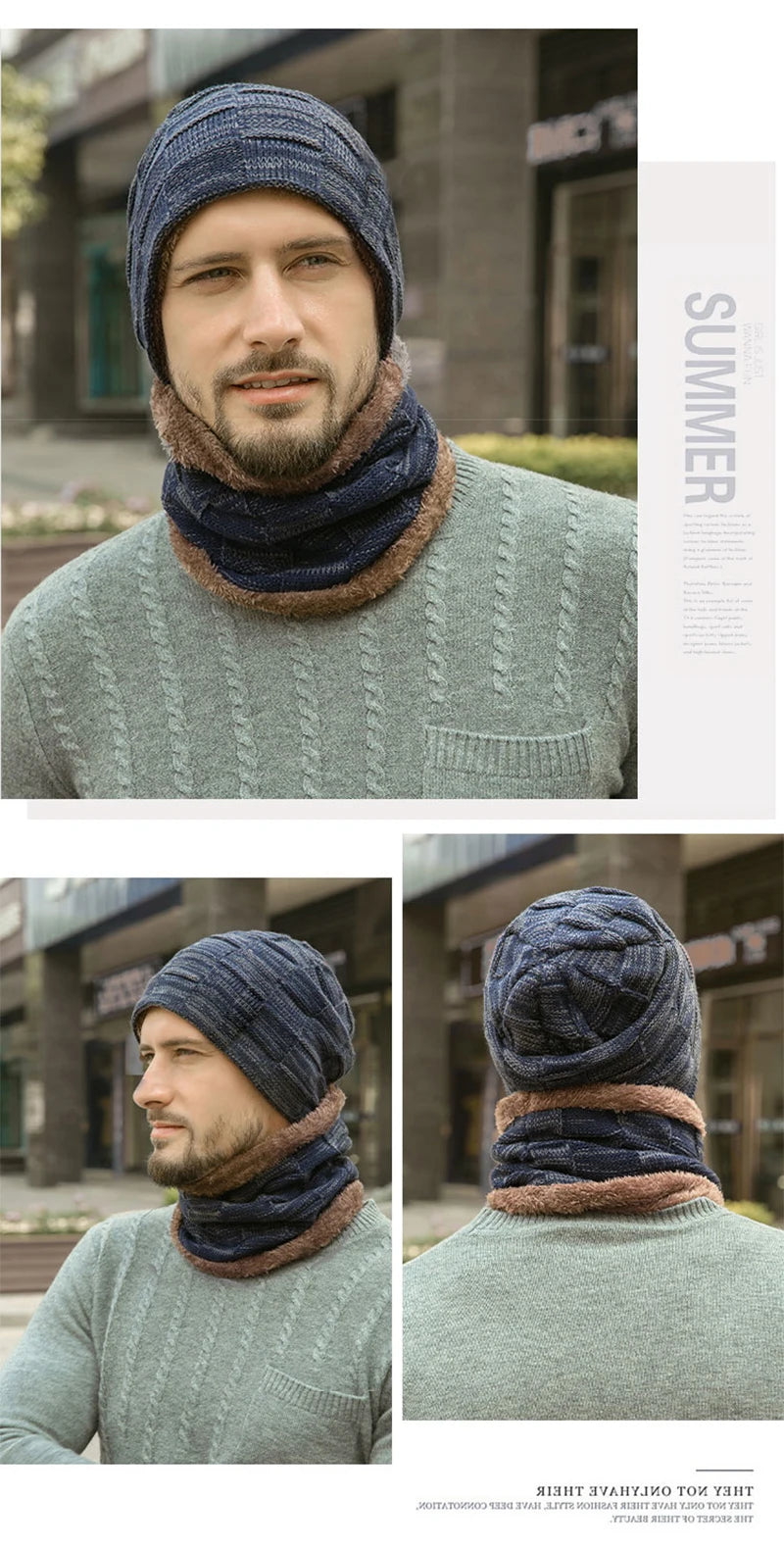 Mens Beanie Hat 2pcs Ski Cap And Scarf Winter Warm Woolly Hats Knit Ribbed Hiking Outdoor Plus Velvet Thicken Hedging Caps